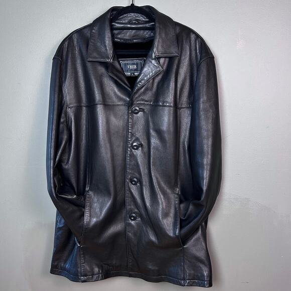 Trek New York leather jacket men’s XL removable liner black long pea coat goth